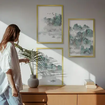 Fali dekorációs képkészlet hegyek, felhők, madarak és hajó mintával, japandi stílusban