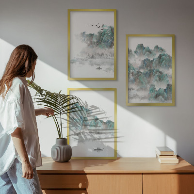 Fali dekoráció kép készlet Hegyek, felhők, madarak, hajó, japandi
