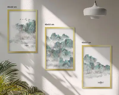 Fali dekorációs képkészlet hegyek, felhők, madarak és hajó mintával, japandi stílusban
