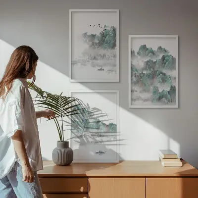 Fali dekorációs képkészlet hegyek, felhők, madarak és hajó mintával, japandi stílusban