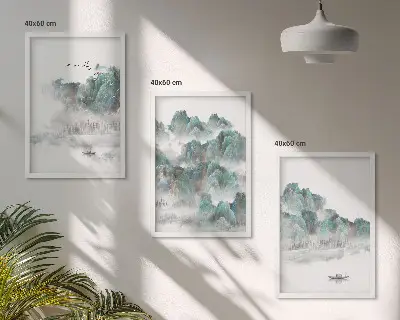Fali dekorációs képkészlet hegyek, felhők, madarak és hajó mintával, japandi stílusban