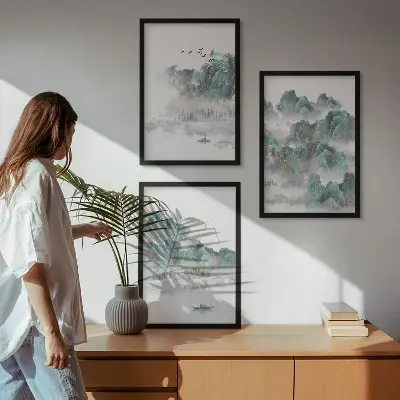 Fali dekorációs képkészlet hegyek, felhők, madarak és hajó mintával, japandi stílusban