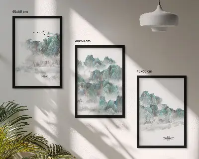 Fali dekorációs képkészlet hegyek, felhők, madarak és hajó mintával, japandi stílusban