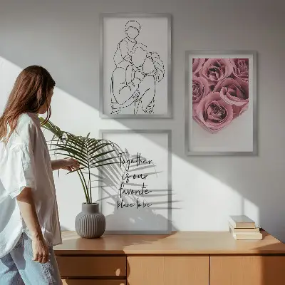 Családi vonalrajzos rózsacsokrok keretezett kép szett hálószobába