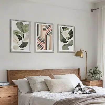 Geometrikus növényi motívumokat ábrázoló kép szett hálószobába szánt keretezett kivitelben