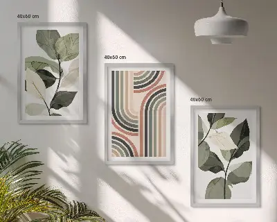 Geometrikus növényi motívumokat ábrázoló kép szett hálószobába szánt keretezett kivitelben