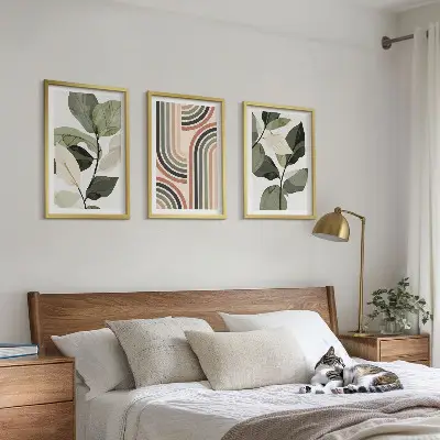Geometrikus növényi motívumokat ábrázoló kép szett hálószobába szánt keretezett kivitelben