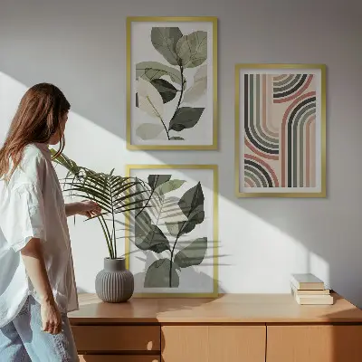 Geometrikus növényi motívumokat ábrázoló kép szett hálószobába szánt keretezett kivitelben