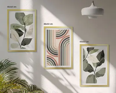 Geometrikus növényi motívumokat ábrázoló kép szett hálószobába szánt keretezett kivitelben