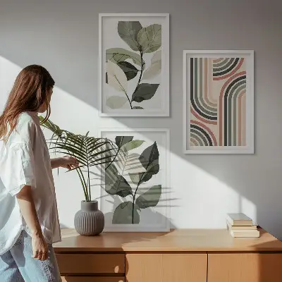 Geometrikus növényi motívumokat ábrázoló kép szett hálószobába szánt keretezett kivitelben