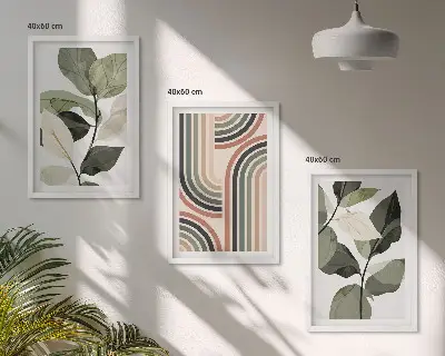 Geometrikus növényi motívumokat ábrázoló kép szett hálószobába szánt keretezett kivitelben