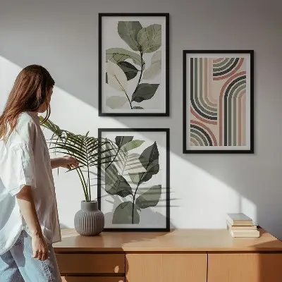 Geometrikus növényi motívumokat ábrázoló kép szett hálószobába szánt keretezett kivitelben