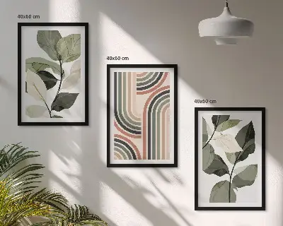 Geometrikus növényi motívumokat ábrázoló kép szett hálószobába szánt keretezett kivitelben