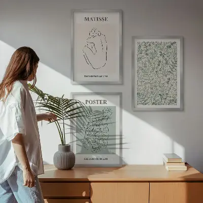 Fali dekorációs képkészlet vonalakkal és növényi mintákkal díszített minimalista stílusban