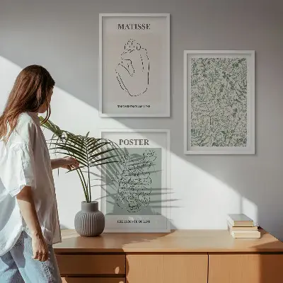 Fali dekorációs képkészlet vonalakkal és növényi mintákkal díszített minimalista stílusban