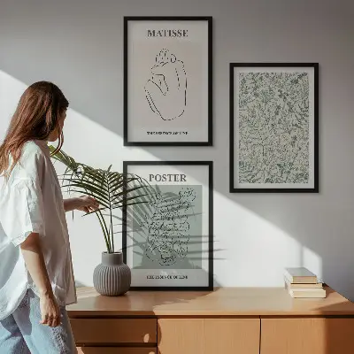 Fali dekorációs képkészlet vonalakkal és növényi mintákkal díszített minimalista stílusban
