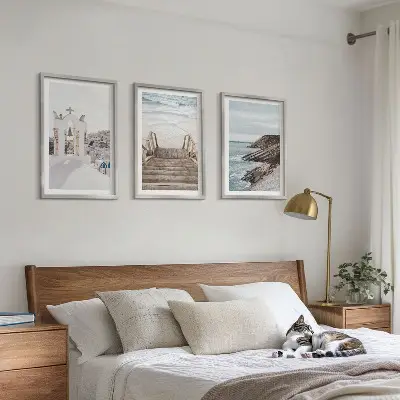 Santorini tenger építészete keretezett képszett hálószobába