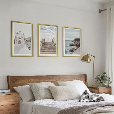 Santorini tenger építészete keretezett képszett hálószobába