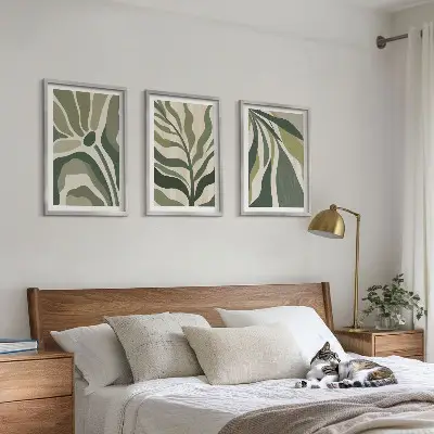 Festett zöld levelek illusztrációk keretezett kép szett hálószobába