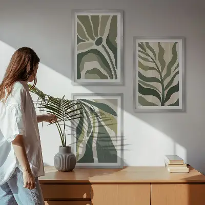 Festett zöld levelek illusztrációk keretezett kép szett hálószobába