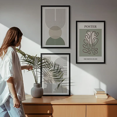 Geometrikus botanikai mintás falikép szett hálószobába való keretezett kivitelben