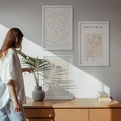 Minimalista botanikai motívumokat ábrázoló falikép szett hálószobába szánt keretezett kivitelben
