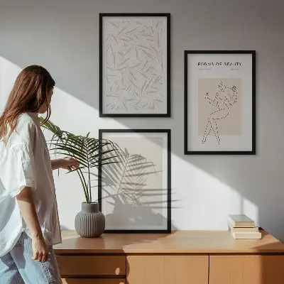 Minimalista botanikai motívumokat ábrázoló falikép szett hálószobába szánt keretezett kivitelben