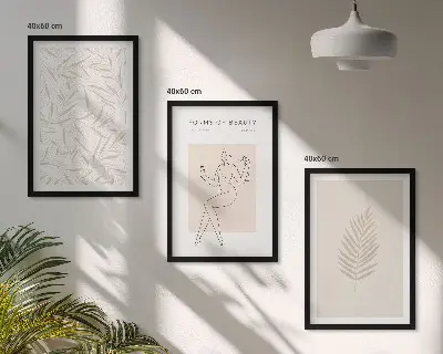 Minimalista botanikai motívumokat ábrázoló falikép szett hálószobába szánt keretezett kivitelben