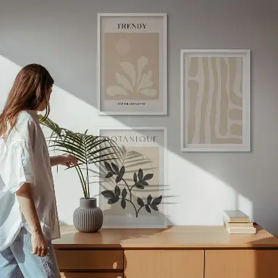 Keretezett kép szett hálószobába stílusos növényi mintákkal bézs és fekete színekben
