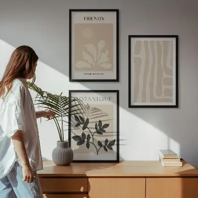 Keretezett kép szett hálószobába stílusos növényi mintákkal bézs és fekete színekben