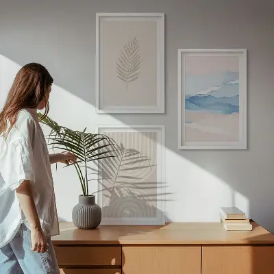 Fali dekorációs képszett hullámos levelek mintával bézs és kék színben