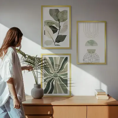 Fali dekorációs képszett növényi motívumokkal és geometriai mintákkal, zöld növényzet témában