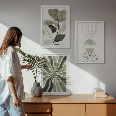 Fali dekorációs képszett növényi motívumokkal és geometriai mintákkal, zöld növényzet témában