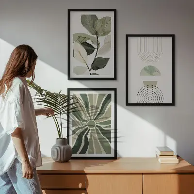 Fali dekorációs képszett növényi motívumokkal és geometriai mintákkal, zöld növényzet témában