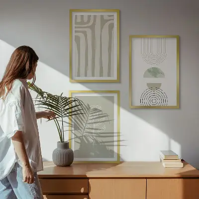 Geometrikus növényi mintás képszett keretezett fali dekoráció hálószobába