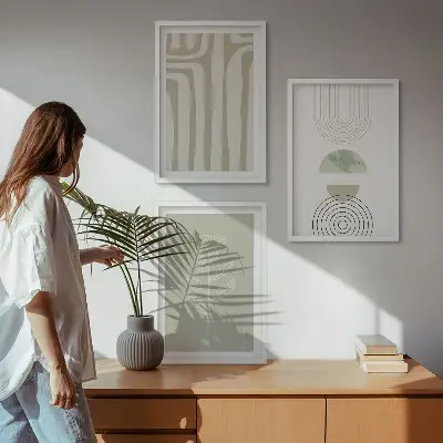 Geometrikus növényi mintás képszett keretezett fali dekoráció hálószobába