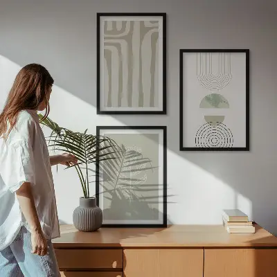 Geometrikus növényi mintás képszett keretezett fali dekoráció hálószobába