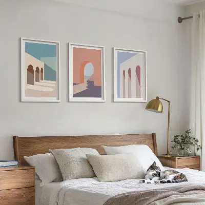 Pasztell építészeti grafika szett keretezett képek hálószobába