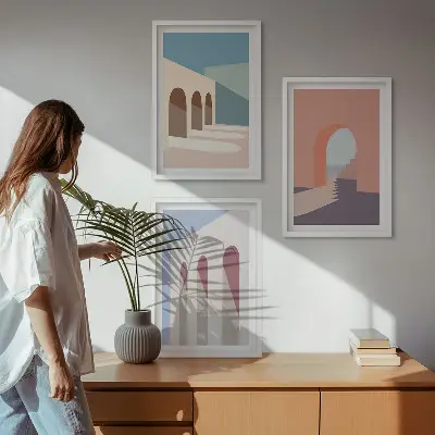 Pasztell építészeti grafika szett keretezett képek hálószobába
