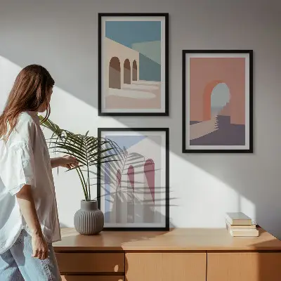 Pasztell építészeti grafika szett keretezett képek hálószobába