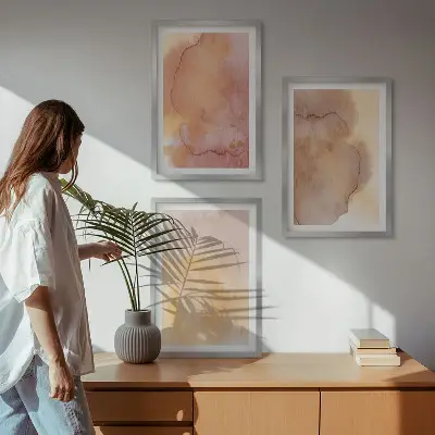 Keretezett kép szett hálószobába meleg akvarell színes textúrákkal