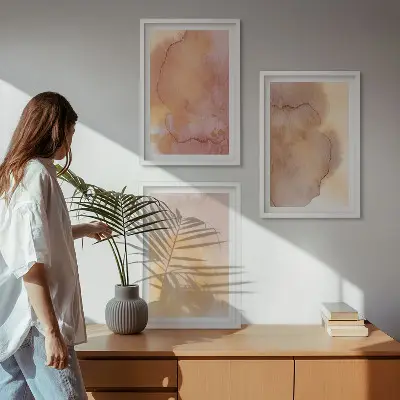 Keretezett kép szett hálószobába meleg akvarell színes textúrákkal