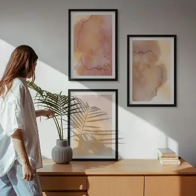 Keretezett kép szett hálószobába meleg akvarell színes textúrákkal