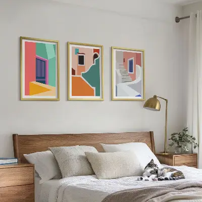 Épületek színes illusztrációi keretezett képszett hálószobába