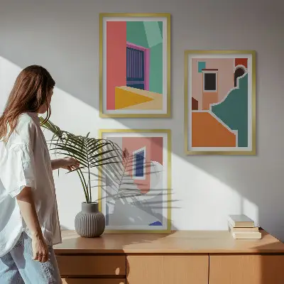 Épületek színes illusztrációi keretezett képszett hálószobába