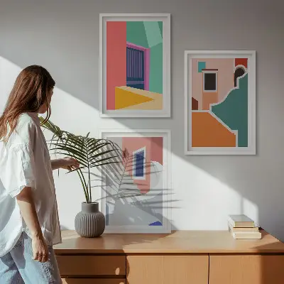 Épületek színes illusztrációi keretezett képszett hálószobába