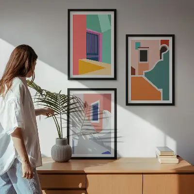 Épületek színes illusztrációi keretezett képszett hálószobába
