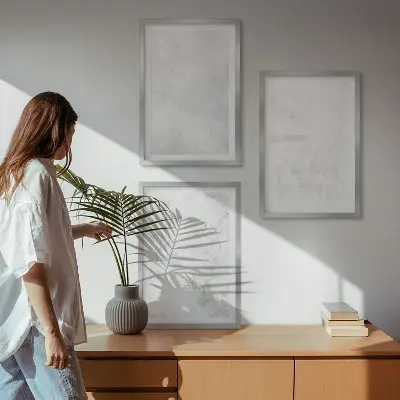 Keretezett képszett hálószobába fehér foltos minimalista háttérrel