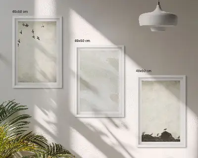 Keretezett kép szett hálószobába madarak, sziklák és ecsetvonások mintával