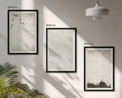 Keretezett kép szett hálószobába madarak, sziklák és ecsetvonások mintával